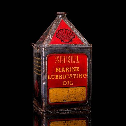 Vintage Shell oil cans with red and yellow branding from the 1900-1920 old logo Vintage Shell oil cans from 1900-19255, featuring the old logo. The photo showcases an antique tin red with yellow accents, displaying the historic Shell emblem. Shot in a studio against a solid black background