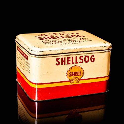 Vintage Shell oil cans with red and yellow branding from the 1900-1920 old logo Vintage Shell oil cans from 1900-19255, featuring the old logo. The photo showcases an antique tin red with yellow accents, displaying the historic Shell emblem. Shot in a studio against a solid black background