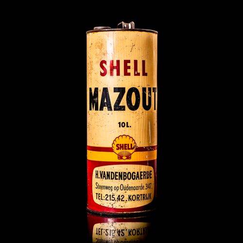 Vintage Shell oil cans with red and yellow branding from the 1900-1920 old logo Vintage Shell oil cans from 1900-19255, featuring the old logo. The photo showcases an antique tin red with yellow accents, displaying the historic Shell emblem. Shot in a studio against a solid black background