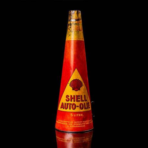 Rare and unique vintage conical shell oil can from 1900–1950 with a red base and yellow accents, featuring the classic shell logo. This antique, cone-shaped motor oil tin is showcased in a studio setting against a solid black background."