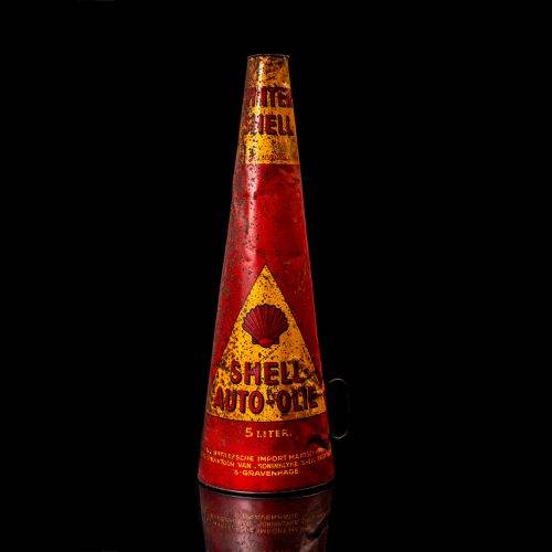 Rare and unique vintage conical shell oil can from 1900–1950 with a red base and yellow accents, featuring the classic shell logo. This antique, cone-shaped motor oil tin is showcased in a studio setting against a solid black background."