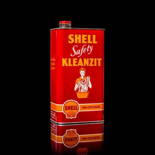 Vintage Shell oil cans with red and yellow branding from the 1900-1920 old logo Vintage Shell oil cans from 1900-19255, featuring the old logo. The photo showcases an antique tin red with yellow accents, displaying the historic Shell emblem. Shot in a studio against a solid black background