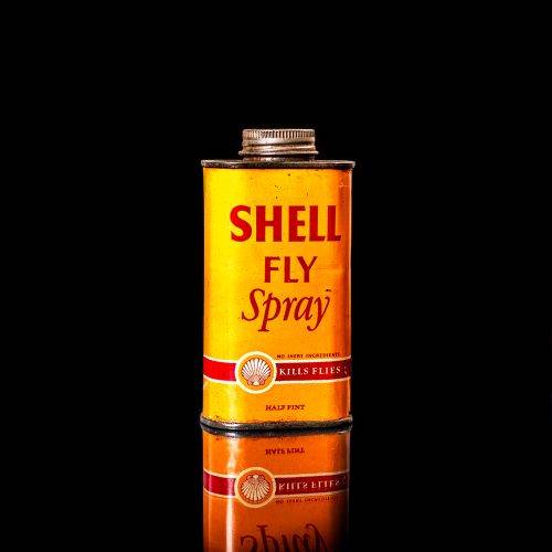 Rare and unique vintage Shell DDT can from 1900–1950, featuring bold red and yellow Shelltox branding and the classic Shell logo. This antique pesticide tin is displayed in a studio setting against a solid black background.