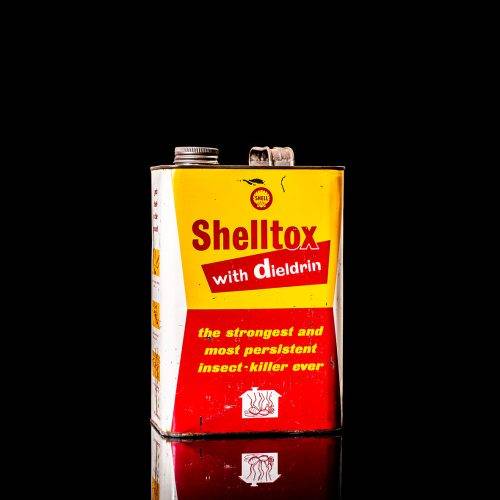 Rare and unique vintage Shell DDT can from 1900–1950, featuring bold red and yellow Shelltox branding and the classic Shell logo. This antique pesticide tin is displayed in a studio setting against a solid black background.